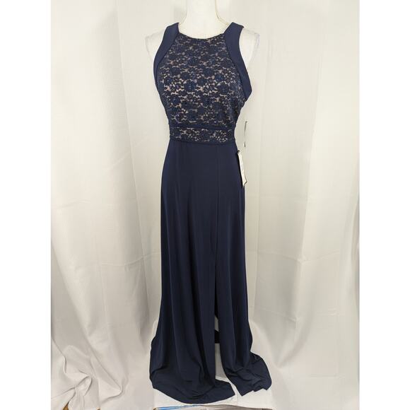 NWT@$109! NIGHTWAY! FULL LENGTH NAVY BLUE LACE, CHIFFON & NUDE MAXI DRESS! SZ 10 - Picture 2 of 14